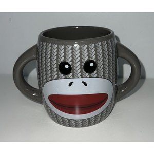 Sock Monkey Galerie Double Handle Gray Ceramic Coffee Tea Cocoa Mug Cup 16 Oz.